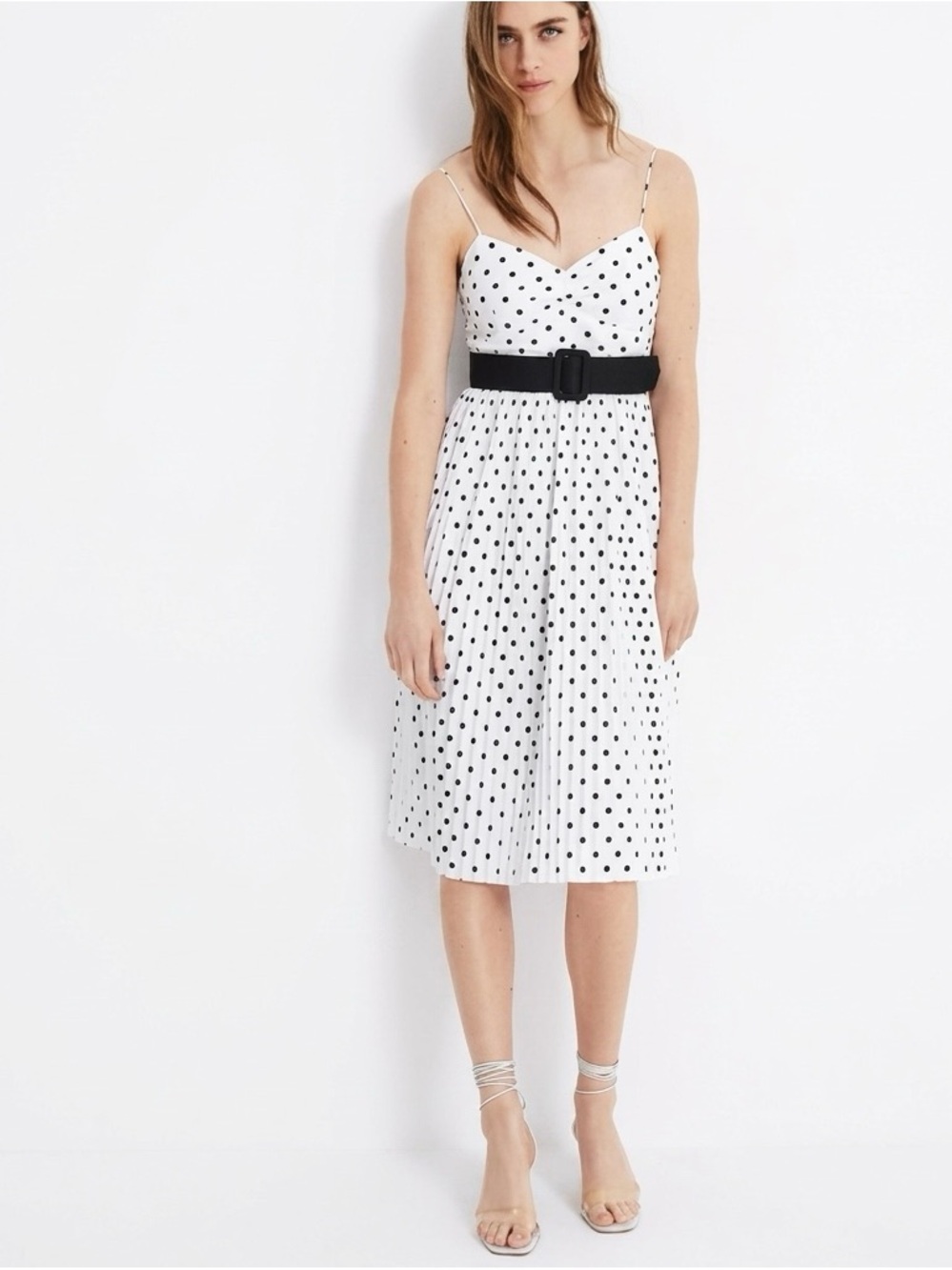 Zara Pleated Belted Polka Dot Midi Dress